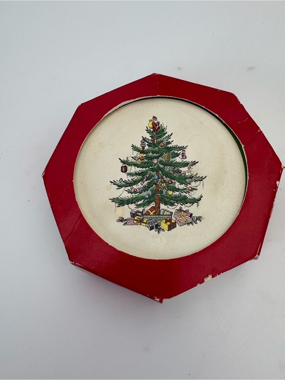 Vintage Spode Red and Green Christmas Tree Decorative Ceramic Coasters - Four